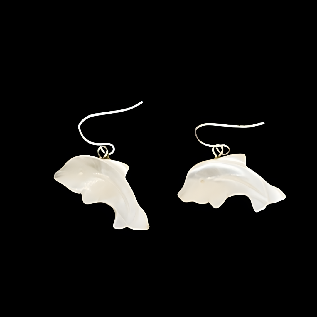 Natural Mother of Pearl Carved Dolphin Drop Earrings – Sterling Silver Coastal Shell Jewelry